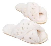 Ymxygz Bride Slippers Pearl Slippers for Wedding Women Fuzzy Slippers Soft Bridesmaid Slippers for Wedding Bachelorette Party Supplies