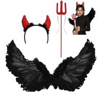 Ymxygz Devil Costume Accessory 3pcs/set Halloween Devil Cosplay Costume Set with Angel Wings, Red Horns Headband and Pitchfork for Women