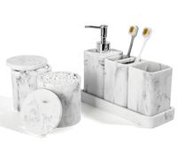 YMXYJM Bathroom Accessories Set, 6 Piece Soap Dispenser Set - Marble White | Bathroom Set with Toothbrush Holders, Soap Dispenser, Vanity Tray, Tumbler, Cotton Swab Jars, Bathroom Organizer and Storage