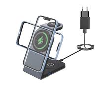 YMY 3-in-1 Magnetic Wireless Charging Station, 15W Fast Wireless Charger for iPhone 17/16/15 Apple iWatch AirPods (Light Blue, Metal Body)