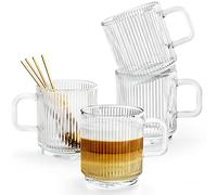 Ymyaye Clear Glass Coffee Mug Set of 4, 12 Ounces Ribbed Glassware with Spoon, Classic Vertical Stripes Tea Mugs for Soda, Latte, Espresso, Cappuccino, Gift for Birthday Holidays Wedding Anniversary
