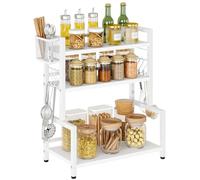 YMYNY Kitchen Spice Rack with Wire Basket, Countertop Shelf for Cabinet, Desktop Organiser with 6 Hooks, Storage Seasoning Rack for Spices, Jars, Oil Bottles White HSR006W