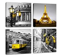 YMYXMC33 London Paris Decor Wall Art Canvas Print Black and White Eiffel Tower 4 Panels Yellow Pictures Decorations Living Room Bedroom Bathroom
