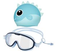 Ynaice 2 Pack Kids Swim Goggles with Swim Cap, Swim Kit No Leaking Soft Anti Fog UV Protection Clear Vision Silicone Swimming Cap for Children Boys 3-14 Blue