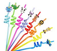 Ynaice 8 Pieces Reusable Drinking Straws Cocktail Plastic Straws Fun Animals Straw Dinosaur Elephant Panda Lion Giraffe Colorful Curly Straw for Kids Adults Birthday Party Favors Party Supplies