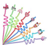 Ynaice 8 Pieces Reusable Drinking Straws Cocktail Plastic Straws Valentine's Day Theme Party Straw Romantic Colourful Curly Straw for Dating Wedding Anniversary Celebration Birthday Party Supplies