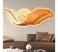 YNAYGDIUGD 3D Feather Wall Clock with LED Light, Large Silent Non-Ticking Crystal Porcelain Sculpture, Modern Art Decor Clock for Living Room Bedroom Office(Orange,100x35cm/39.4x13.8in)