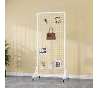 YNBSHGAA Gridwall Panel Display Stand, Rolling Metal Mesh Store Rack with 4 Wheels & 20 Hooks, Freestanding Retail Display for Trade Shows & Art Exhibits,8-White-60x40x160cm