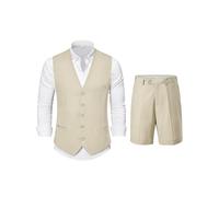 YND 2-Piece Men’s Linen Waistcoat Shorts, Lightweight Vest Pants, Casual Wedding Beach Summer Prom Homecoming Outfit, Beige, Large