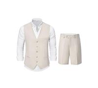 YND 2-Piece Men’s Linen Waistcoat Shorts, Lightweight Vest Pants, Casual Wedding Beach Summer Prom Homecoming Outfit, Light Beige, L