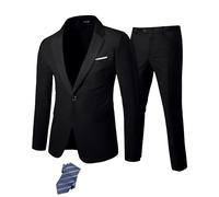 YND Men's 2 Piece Suit with Tie, One Button Slim Fit Solid Jacket and Pants Set, Suits for Men Prom Party Wedding & Business, Midnight Black, XXL