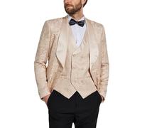 YND Men's 3 Piece Luxury Tuxedo Set, Jacquard Slim Fit Shawl Lapel Jacket Vest & Pants, Premium Tuxedo for Men, Light Beige, M