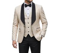 YND Men's 3 Piece Luxury Tuxedo Set, Jacquard Slim Fit Shawl Lapel Jacket Vest & Pants, Premium Tuxedo for Men, Beige, S