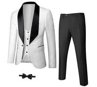 YND Men's 3 Piece Luxury Tuxedo Set, Jacquard Slim Fit Shawl Lapel Jacket Vest & Pants with Bow Tie, Premium Tuxedo for Men, White, S