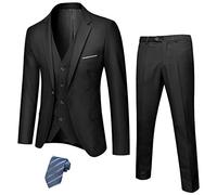 YND Men's 3 Piece Luxury Tuxedo Set, Jacquard Slim Fit Shawl Lapel Jacket Vest & Pants with Bow Tie, Premium Tuxedo for Men, Black (Stretch Fabric), L