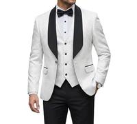 YND Men's 3 Piece Luxury Tuxedo Set, One Button Jacquard Slim Fit Shawl Lapel Jacket Vest & Pants, Premium Tuxedo for Men, White, L