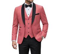 YND Men's 3 Piece Slim Fit Tuxedo Set, One Button Shawl Collar Solid Jacket Vest Pants with Bow Tie, Pink, XS