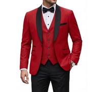 YND Men's 3 Piece Slim Fit Tuxedo Set, One Button Shawl Collar Solid Jacket Vest Pants with Bow Tie, Red, L