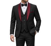 YND Men's 3 Piece Slim Fit Tuxedo Suits Set, One Button Shawl Collar Solid Jacket Vest Pants with Bow Tie, Maroon Collar Black, L