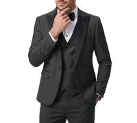 YND Men's 3 Piece Slim Fit Wedding Tuxedo Set, Peak Lapel One Button Suit Jacket, Double Breasted Vest Pants with Bow Tie