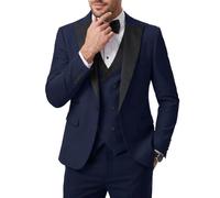 YND Men's 3 Piece Slim Fit Wedding Tuxedo Set, Peak Lapel One Button Suit Jacket, Double Breasted Vest Pants with Bow Tie, Deep Blue, S
