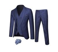 YND Men's 3 Piece Suit Set with Tie, 2 Button Slim Fit Solid Blazer Jacket Vest Pants, Business Wedding Party Suits for Men, Deep Blue - Black Plaid, M