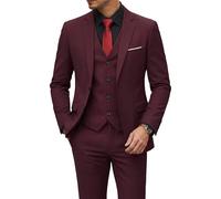 YND Men's 3 Piece Suit Set with Tie, 2 Button Slim Fit Solid Blazer Jacket Vest Pants, Business Wedding Party Suits for Men, Burgundy, M