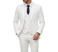 YND Men's 3 Piece Suit Set with Tie, 2 Button Slim Fit Solid Blazer Jacket Vest Pants, Business Wedding Party Suits for Men, White, 3XL