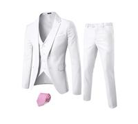 YND Men's 3 Piece Suit Set with Tie, 2 Button Slim Fit Solid Blazer Jacket Vest Pants, Business Wedding Party Suits for Men, White, M
