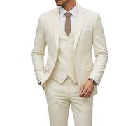 YND Men's 3 Piece Suit Set with Tie, 2 Button Slim Fit Solid Blazer Jacket Vest Pants, Business Wedding Party Suits for Men, Cream, XL
