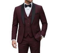 YND Men's 3 Piece Tuxedo Set with Bow Tie, Slim Fit One Button Shawl Lapel Suit Blazer Vest Pants, for Wedding Prom Dinners, Burgundy, S