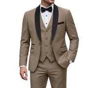 YND Men's 3 Piece Tuxedo Set with Bow Tie, Slim Fit One Button Shawl Lapel Suit Blazer Vest Pants, for Wedding Prom Dinners, Camel Brown, XL