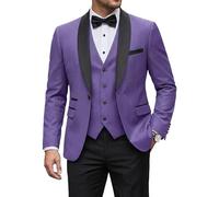 YND Men's 3 Piece Tuxedo Set with Bow Tie, Slim Fit One Button Shawl Lapel Suit Blazer Vest Pants, for Wedding Prom Dinners, Light Purple, L