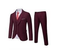 YND Men's Slim Fit 2 Button 3 Piece Suit Set, Blazer Jacket Vest Pants and Tie, Solid Wedding Dress Tux and Trousers Burgundy