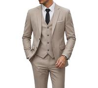 YND Men's Slim Fit 2 Button 3 Piece Suit Set, Solid Blazer Jacket Vest Pants & Tie, Beige, M
