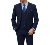 YND Men's Slim Fit 2 Button 3 Piece Suit Set, Solid Blazer Jacket Vest Pants & Tie, Deep Blue, L