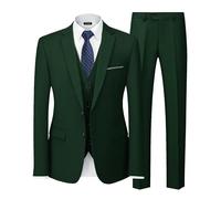 YND Men's Slim Fit 2 Button 3 Piece Suit Set, Solid Blazer Jacket Vest Pants & Tie, Deep Green, XXL