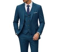 YND Men's Slim Fit 2 Button 3 Piece Suit Set, Solid Blazer Jacket Vest Pants & Tie, Light Blue, L