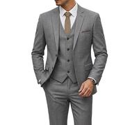 YND Men's Slim Fit 2 Button 3 Piece Suit Set, Solid Blazer Jacket Vest Pants & Tie, Light Grey - Red Plaid, M