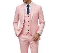YND Men's Slim Fit 2 Button 3 Piece Suit Set, Solid Blazer Jacket Vest Pants & Tie, Light Pink, 3XL