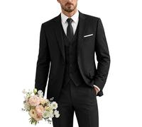 YND Men's Slim Fit 3 Piece Suit, One Button Solid Jacket Vest Pants Set with Tie, Black, XS