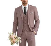 YND Men's Slim Fit 3 Piece Suit, One Button Solid Jacket Vest Pants Set with Tie, Smoky Pink, S
