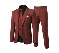 YND Men's Slim Fit 3 Piece Suit Set, One Button Solid Blazer Vest Pants with Tie, Brick Red, L