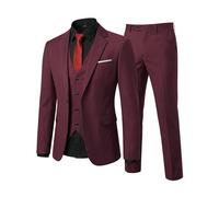 YND Men's Slim Fit 3 Piece Suit Set, One Button Solid Blazer Vest Pants with Tie, Burgundy, M