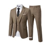 YND Men's Slim Fit 3 Piece Suit Set, One Button Solid Blazer Vest Pants with Tie, Camel Brown, M