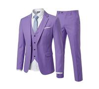 YND Men's Slim Fit 3 Piece Suit Set, One Button Solid Blazer Vest Pants with Tie, Purple, M