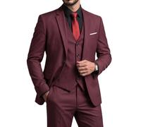 YND Men's Slim Fit 3 Piece Suit Set with Stretch Fabric, One Button Solid Blazer Vest Pants with Tie, Burgundy, XS
