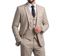 YND Men's Slim Fit 3 Piece Suit Set with Stretch Fabric, One Button Solid Blazer Vest Pants with Tie, Beige, XXL