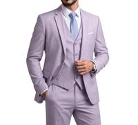 YND Men's Slim Fit 3 Piece Suit Set with Stretch Fabric, One Button Solid Blazer Vest Pants with Tie, Lavender, L