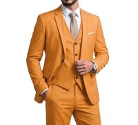 YND Men's Slim Fit 3 Piece Suit Set with Stretch Fabric, One Button Solid Blazer Vest Pants with Tie, Orange, L